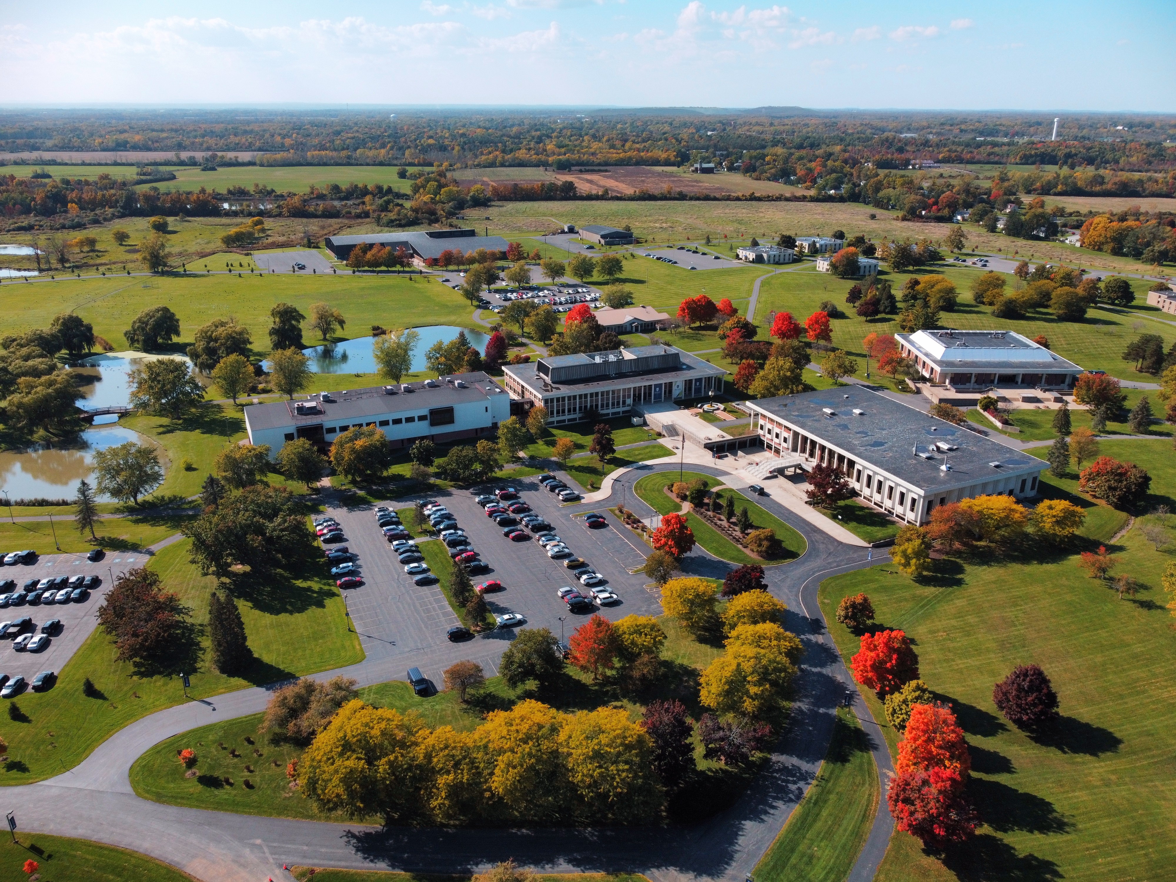 aerial shot of main campus in the fall